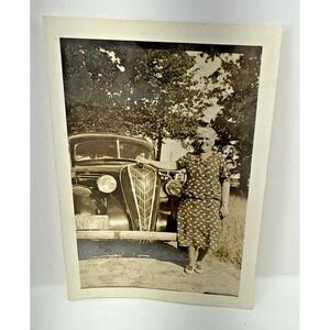 Vintage 1939 Snapshot Woman with 1937–38 Plymouth Car German Caption